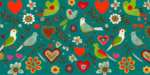 Folk Naif Pattern Ideal For Valentines With Birds, Hearts And Flowers, Generative AI