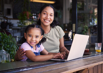 Poster - Portrait, black family in cafe and laptop for communication, weekend break and connection. Love, mother and daughter in coffee shop, search internet or website for online reading and bonding together