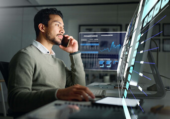 Poster - Dashboard, stock market hologram or man on a phone call talking about trading data or investment stocks. Future overlay or trader on digital ui or ux on fintech software for financial growth at night