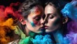 attractive young lesbians embracing amidst colorful smoke. Generative AI