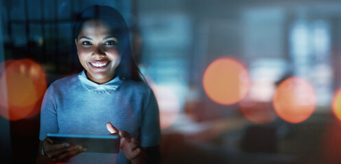 Woman, tablet and night in office for portrait with analytics, research and development of vision. Happy developer, mobile touchscreen tech and data analysis for web design with mockup, focus or goal