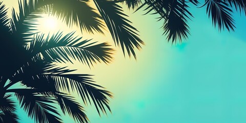 Green palm trees on clean sunset background  lovely clean concept design with copy space for banner template generative ai