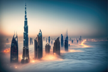 Top of skyscrapers building high above the clouds in the morning sunrise . Futuristic architecture of metropolis city skyline. Peculiar AI generative image.