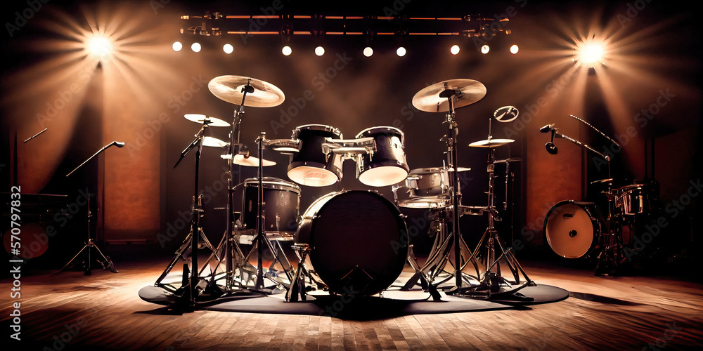 Drum set - set up on stage for a musical moment. Instruments made by ...