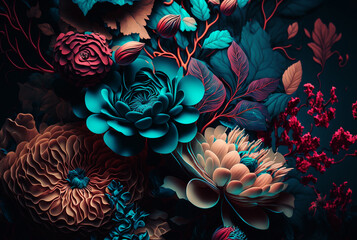 Bright surreal floral background. Vibrant 
tropical flowers. Generative AI	