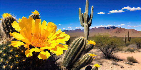 Wall Mural - Cactus flowers - yellow blossoms blooming from the dry cactus in the southwestern Arizona desert