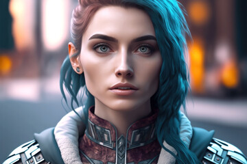 beautiful girl avatar for metaverse or cyberpunk in colorful futuristic suit, on blurred background 
