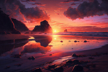 Wall Mural - stunning sunset view on the beach shore generative ai