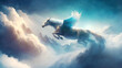 Pegasus soaring in the sky, cloud world, digital illustration, generated by AI