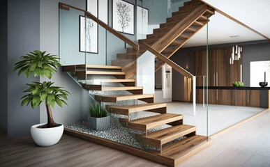 Wall Mural - a contemporary interior design element featuring glass fencing and wooden stairs. Generative AI