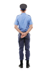 Wall Mural - Police, law and rear view of man in studio for crime, protection and safety against white background. Security, authority and back of male official ready for crime, justice and protection isolated