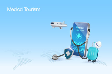 medical tourism concept. stethoscope on smartphone with airplane and luggage, symbol of tourist pass