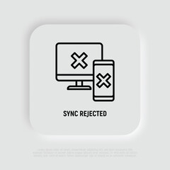 Wall Mural - sync between computer and smartphone is rejected: cross marks are on device screens. thin line icon.