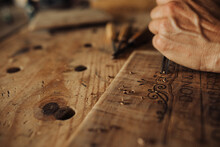 Close Up Process Of Engraving, Decorating Wooden Panels
