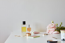 Still Life With Perfume Bottles, Beauty Products, Ice Cream, Roses
