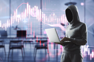 Canvas Print - Hacker in hoodie using laptop with glowing falling red forex chart on blurry background. Stock exchange, hacking and crisis concept. Double exposure.