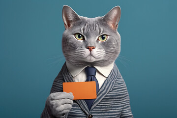 Studio photo portrait of a cat in business clothes showing credit card , concept of Business Professional manager, created with Generative AI technology