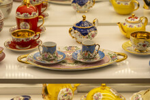 Traditional Turkish Coffee Mugs With A Pot, Decorative Porcelain Cups, Colorful Retro Mug And Teapot In Gift Shop In Istanbul, Blue White Cultural Tea Set