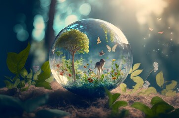 Earth crystal glass globe ball and flora and fauna on blue sunny background