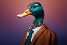Studio Photo Portrait Of A Duck In Business Clothes, Concept Of Business Attire And Animal Portrait, Created With Generative AI Technology