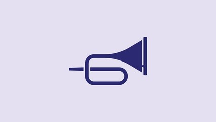 Poster - Blue Musical instrument trumpet icon isolated on purple background. 4K Video motion graphic animation