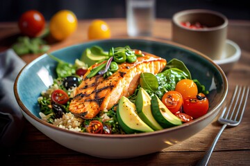 food, brown rice, grilled salmon bowl, cherry tomatoes, avocado, vegetable, salad, plate, meat, pepper, tomato, lunch, healthy, cooking, pan, hot, onion