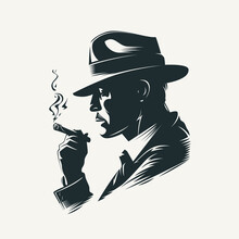 Silhouette Of A Man In A Hat Smoking A Cigar. Retro Style Vector Illustration Of Noir Gentleman.