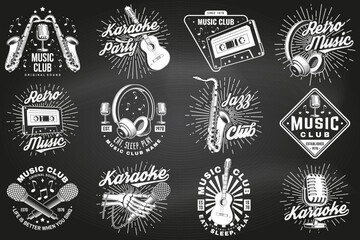 Poster - Retro music poster, banner on chalkboard. Retro microphone, saxophone , audio cassette, classical acoustic guitar with sunburst vintage typography design for t shirt, emblem, logo, badge design