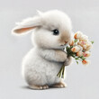 Cute white bunny holding a bouquet of flowers. Light background. Generative AI