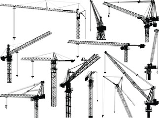 Wall Mural - twelve building cranes isolated on white