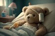 Sick Teddy lying in hospital's bed with bandages on head. Healthcare and medical concept. Generative AI
