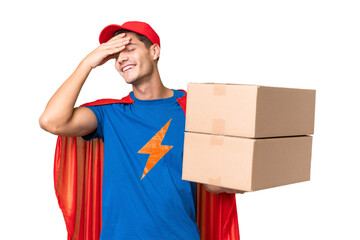 Wall Mural - Super Hero delivery man over isolated background has realized something and intending the solution