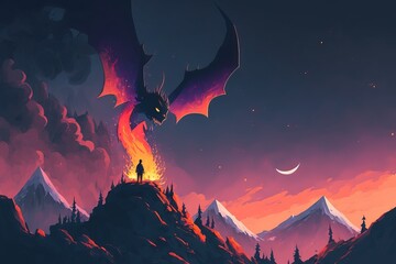 Wall Mural - Fantasy scenery of a battle between wizard and monster.  Fantasy scenery. dragon. Illustration. concept idea. Generative AI