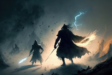 Wall Mural - fantacy scenery of a battle between wizards casting magic to fight each other. sorcerer. Fantasy scenery. Generative AI