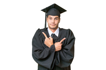 Wall Mural - Young university graduate caucasian man over isolated background pointing to the laterals having doubts