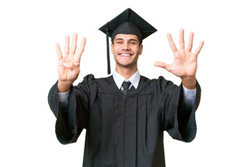 Wall Mural - Young university graduate caucasian man over isolated background counting nine with fingers