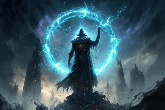 fantacy scenery of a battle between wizards casting magic to fight each other. sorcerer. Fantasy scenery. Generative AI