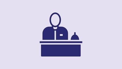 Poster - Blue Receptionist standing at hotel reception desk icon isolated on purple background. 4K Video motion graphic animation