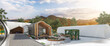 Entwurf eines energieeffizienten Einfamilienhauses in moderner Scheunen-Architektur und Gartengestaltung (Mittelgebirgslandschat im Hintergrund) - panoramische 3D Visualisierung