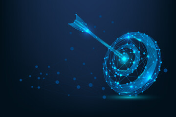Abstract mesh line and point Bullseye or target. Low poly goal concept with glowing low polygonal target and arrow. Polygonal vector futuristic illustration