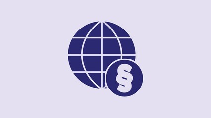 Wall Mural - Blue International law icon isolated on purple background. Global law logo. Legal justice verdict world. 4K Video motion graphic animation