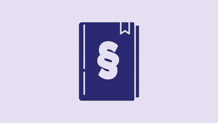 Sticker - Blue Law book icon isolated on purple background. Legal judge book. Judgment concept. 4K Video motion graphic animation