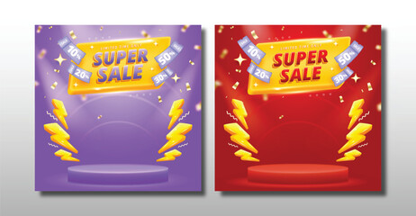 Wall Mural - 3D Flash sale promo banner template with podium and flying discount label design.