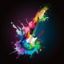 Guitar With Colorful Paint Splatters On It. Generative AI.