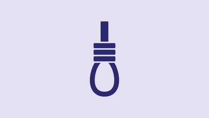 Sticker - Blue Gallows rope loop hanging icon isolated on purple background. Rope tied into noose. Suicide, hanging or lynching. 4K Video motion graphic animation