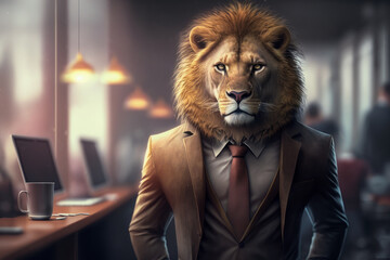 Sticker - lion wearing suit and tie standing in front of desk. Generative AI.