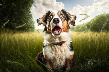 Poster - dog is sitting in the grass with its mouth open. Generative AI.