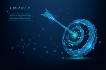 Abstract mesh line and point Bullseye or target. Low poly goal concept with glowing low polygonal target and arrow. Polygonal vector futuristic illustration