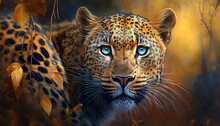  A Painting Of A Leopard With Blue Eyes In A Forest With Leaves On It's Back Ground And A Tree With Yellow Leaves On Its Back Ground.  Generative Ai