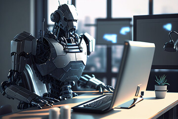 Wall Mural - AI artificial intelligence technology robot chatbot working on laptop learning and answering questions Generative ai.